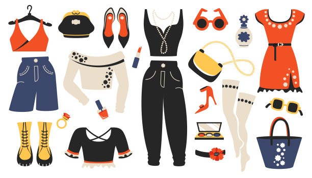 时尚衬衫、连衣裙、露脐上衣、西装、手袋、夹克。现代服装的街头风格。时尚的女性服装，鞋子，化妆品，配饰孤立在白色背景。矢量图图片下载