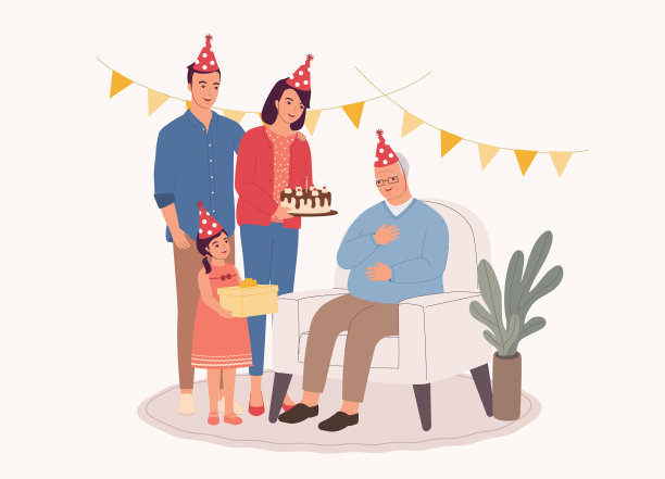 爷爷和家人一起庆祝生日。图片下载