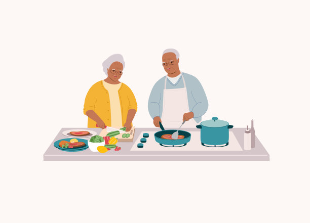 一对黑人老年夫妇在厨房里一起准备食物。图片下载