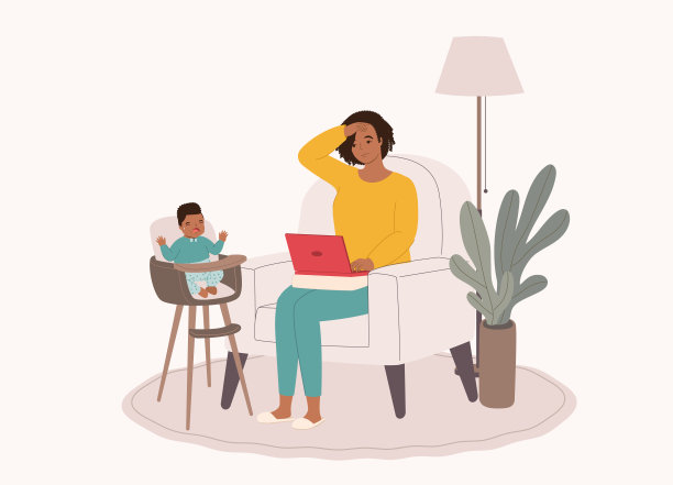 压力大的黑人母亲一边在家照顾孩子一边在笔记本电脑上工作。图片下载