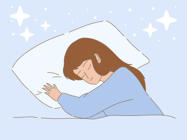 年轻女子睡在床上，做着好梦。女孩躺在柔软的毯子下。后面有星星和圆点。手绘平面卡通人物矢量插图。图片下载