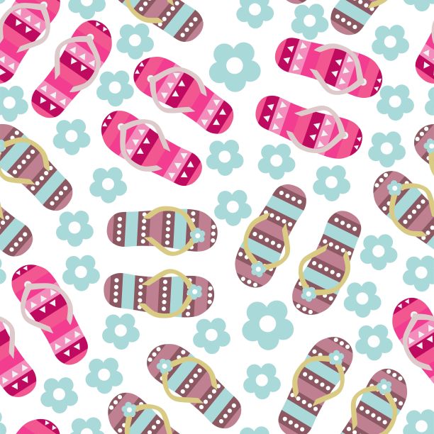 彩色人字拖在白色背景无缝图案与花朵。旅行、度假的简约理念图片下载
