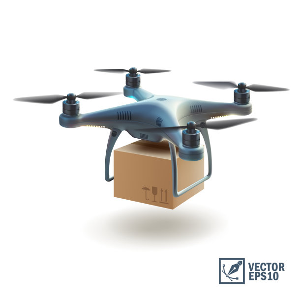 三维现实矢量四轴飞行器与便携式相机在一个蓝色的背景，交付一个纸板箱无人机空运图片下载