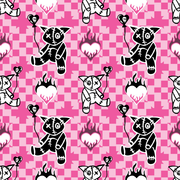 Emo无缝图案与格子背景和猫玩具。图片下载