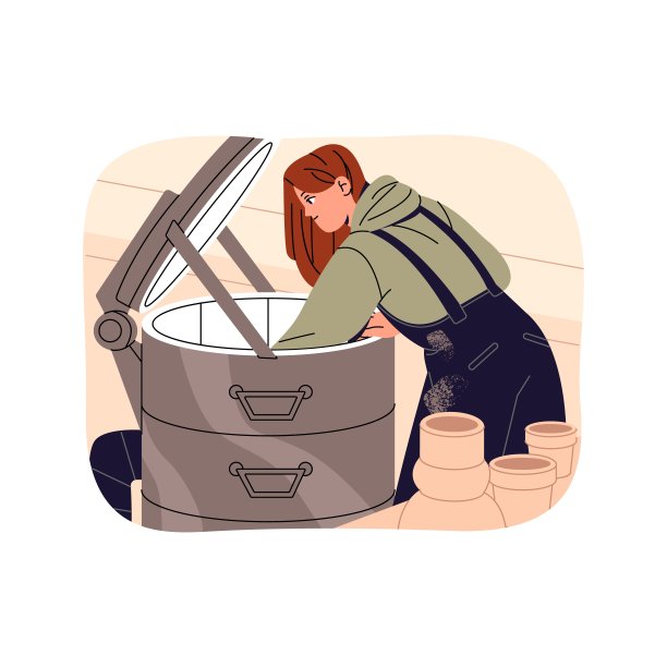 现代陶艺车间的陶瓷烧制。陶工装陶罐，把陶器装进电窑。陶艺家创造，制作手工陶器。平面隔离矢量插图上的白色背景图片下载