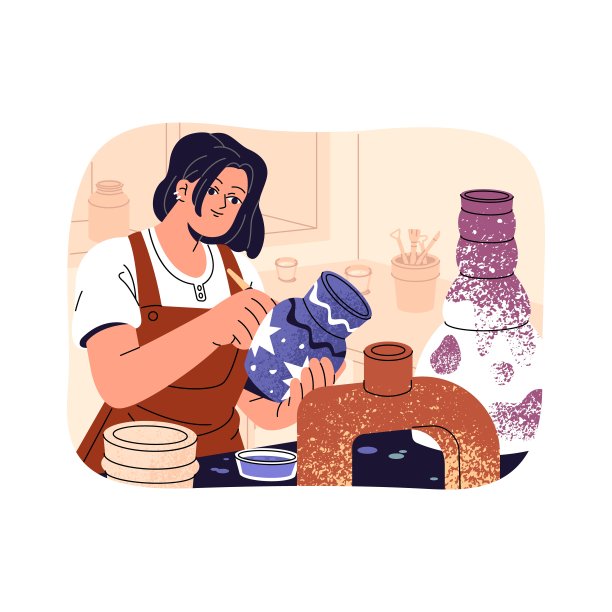 陶艺家用油漆装饰陶器。陶艺作坊的陶艺彩绘陶罐、花瓶、碗。艺术家用画笔给陶器上色。平面隔离矢量插图上的白色背景图片下载