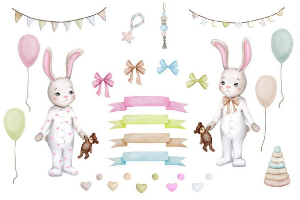 一套可爱的小兔子和儿童玩具。儿童水彩插画。生日，婴儿派对，儿童派对。设计元素的卡片，海报，横幅，标志，邀请，包装。图片下载