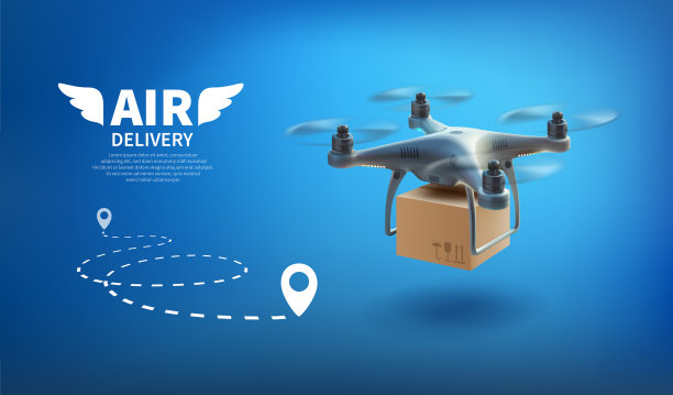 三维现实矢量四轴飞行器与便携式相机在一个蓝色的背景，交付一个纸板箱无人机空运图片下载