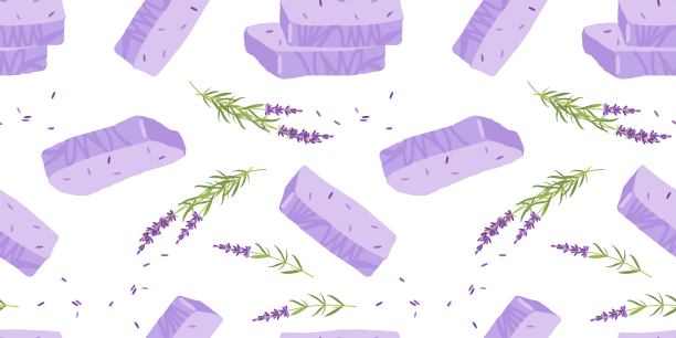 无缝肥皂图案。手工天然薰衣草香皂。有薰衣草草的香皂。矢量平面插图墙纸，织物，包装，包装。天然有机spa产品化妆品。图片下载