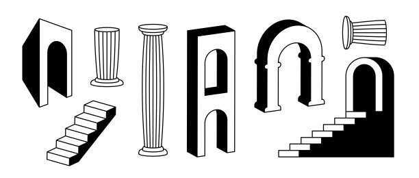 拱门、柱子和楼梯集合。超现实的希腊废墟元素集。3d仿古风格的弧线，门，柱子，楼梯，门束魔幻形状包拼贴，海报，横幅，贴纸。向量图片下载