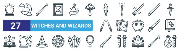 一套27个轮廓网络巫师图标，如水晶球，月亮，魔杖，工作人员，塔罗牌，水晶球，魔杖，药水矢量细线图标的网页设计，移动应用程序。图片下载
