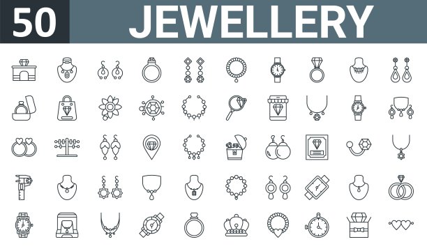 一套50个轮廓网络珠宝图标，如商店，项链，耳环，钻石戒指，耳环，手镯，腕表矢量薄图标报告，演示，图表，网页设计，移动应用程序。图片下载