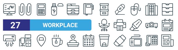一组27个大纲网络工作场所图标，如显示器，回形针，计算器，刀具，打印机，工作区，垃圾箱，报纸矢量细线图标的网页设计，移动应用程序。图片下载