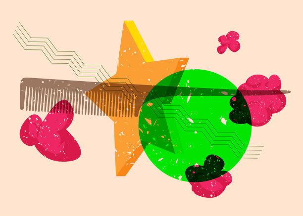 几何形状的Risograph梳子。物体以时尚的riso图形打印纹理风格设计与几何元素。图片下载