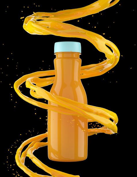 特写橙汁飞溅的正面视图遵循橙汁瓶部分孤立的黑色背景。三维渲染图片下载