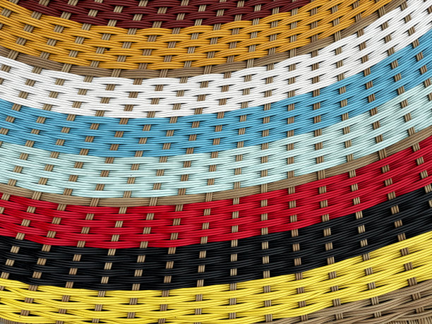 彩色艺术合成藤编技术的特写照片，有各种颜色，棕色，白色，蓝色，红色，黑色和黄色。一个很好的艺术装置。图片下载