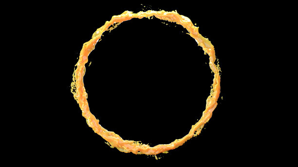 特写橙汁飞溅跟随圆圈部分隔离黑色背景。3 d渲染。图片下载