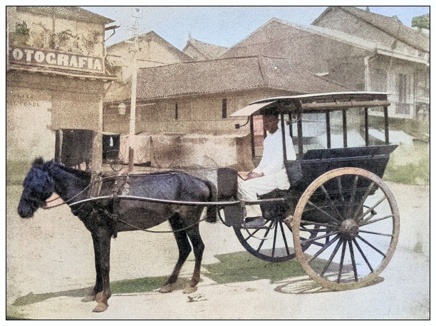 古董黑白照片:马车，马尼拉，菲律宾图片下载