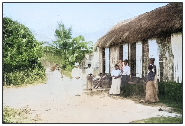 古色古香的黑白照片:波多黎各椰子采摘者的小屋图片下载