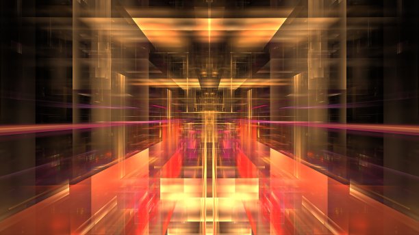 对称的光条在黑暗的镜像通道中创造了一种深度的错觉。三维渲染图片下载