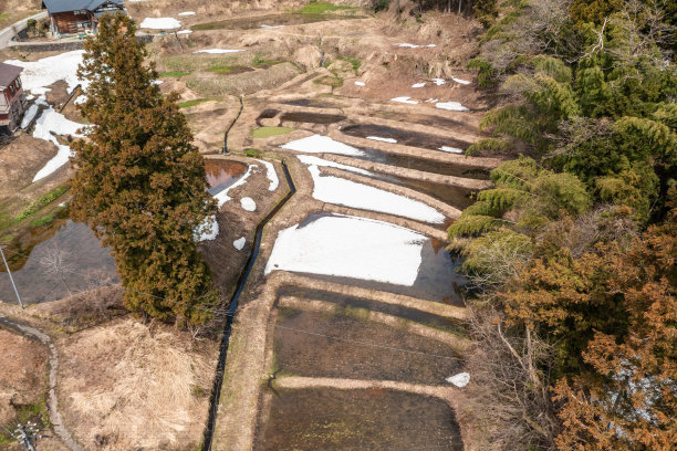 无人机拍摄的照片:积雪融化的梯田图片下载