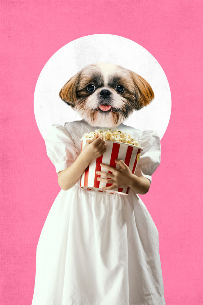 当代艺术拼贴。小公主和狗的头拿爆米花桶粉红色的背景。图片下载