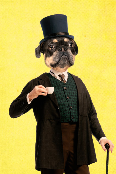 当代艺术拼贴。年轻的侦探长着一张狗脸而不是头穿着复古的衣服，喝着咖啡图片下载