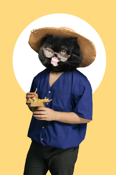 当代艺术拼贴。一名年轻男子穿着复古服装摆出猫头造型，在黄色背景下吃着法式土豆。图片下载