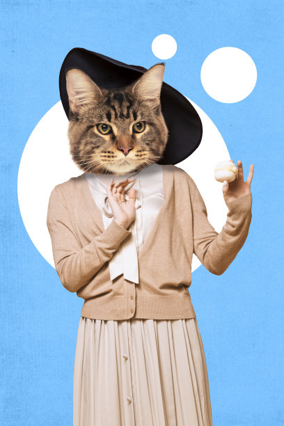 当代艺术拼贴。一名身穿复古服装、猫脸代替头造型的女子在蓝色背景下拿着甜点。图片下载