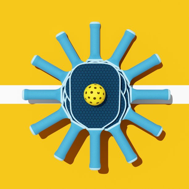 匹克球运动器材。橙色球场上球拍和球的俯视图。3d插图，渲染。体育明信片，传单，海报的背景。图片下载