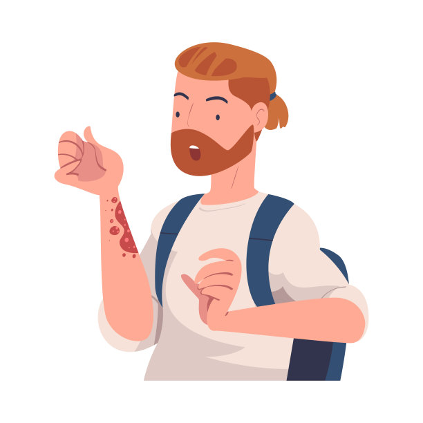 有胡子的男人与皮肤问题的人物遭受抓痒手臂矢量插图图片下载