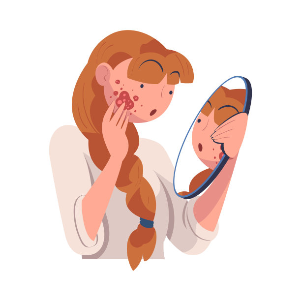 女人性格与皮肤问题，从瘙痒的脸看镜子矢量插图图片下载