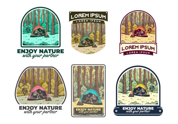 与同伴在大自然中露营。复古户外插画图片下载
