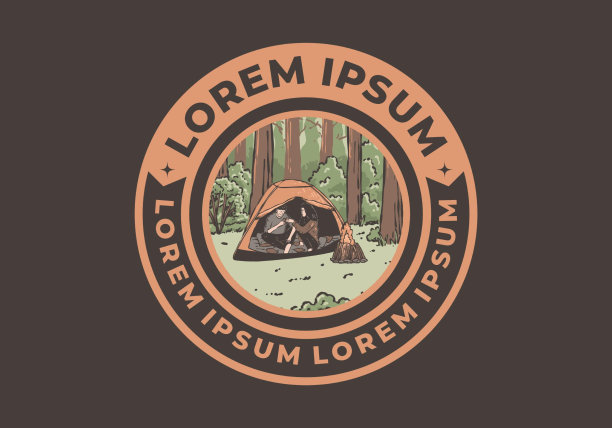 与同伴在大自然中露营。复古户外插画图片下载