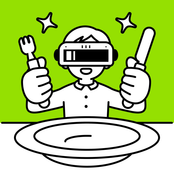 一个戴着虚拟现实耳机或VR眼镜的男孩从虚拟洞里蹦出来，进入了虚拟世界，拿着刀叉，坐下来吃饭，面前是一个大空盘子，看着观众，极简风格，黑白轮廓图片下载