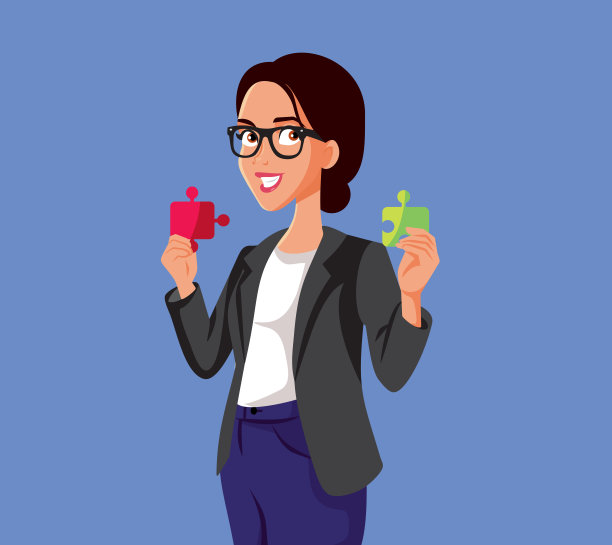聪明的女商人持有两块拼图矢量字符图片下载