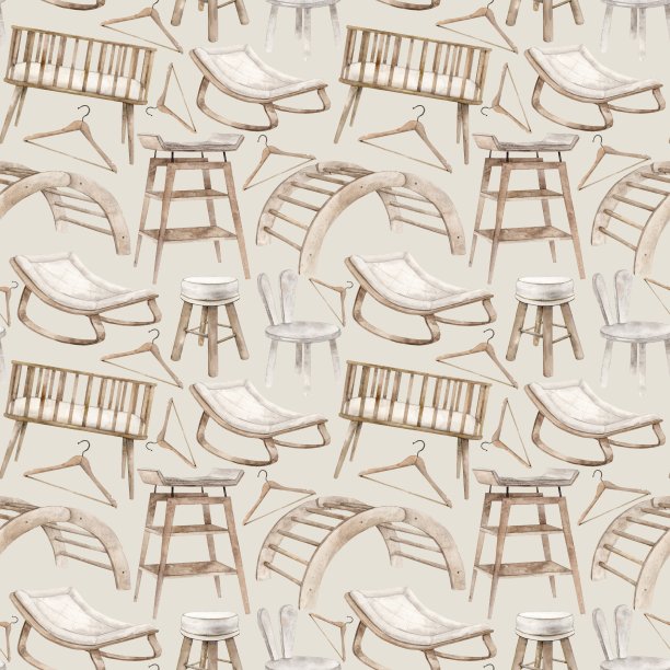 水彩图案与家具，婴儿床，摇椅，攀岩架，椅子，换桌子在米色背景。孤立手绘插图儿童室内，卡片，纺织品，设计。图片下载