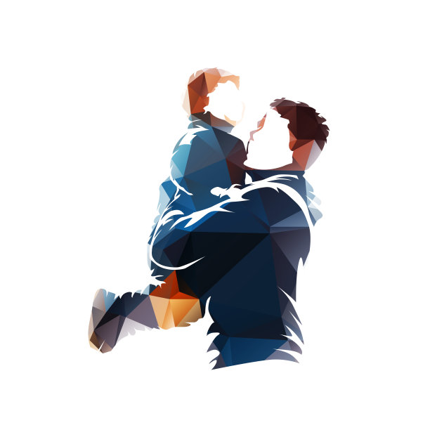 家庭，男人抱着年幼的儿子。和爸爸玩得开心。父亲节。孤立的低多边形矢量插图图片下载