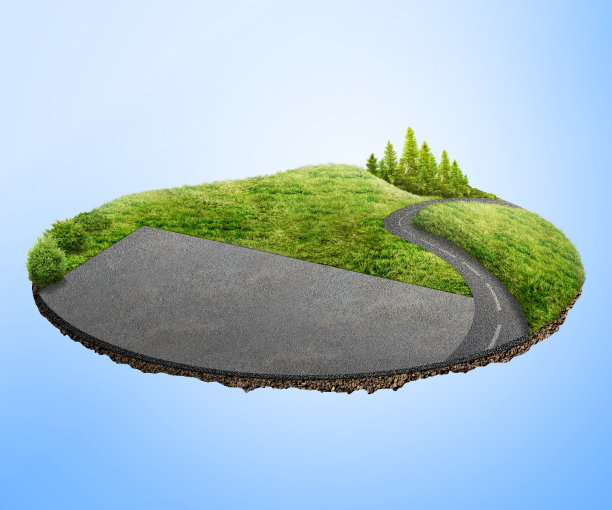 森林景观的三维插图与道路。模型设计。农村的路线。图片下载