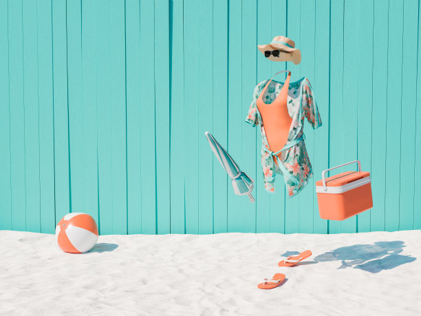 穿着夏日沙滩装的隐形女人，配上蓝色的木板图片下载