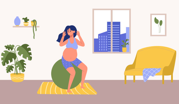 孕妇在家用健身球练习瑜伽图片下载