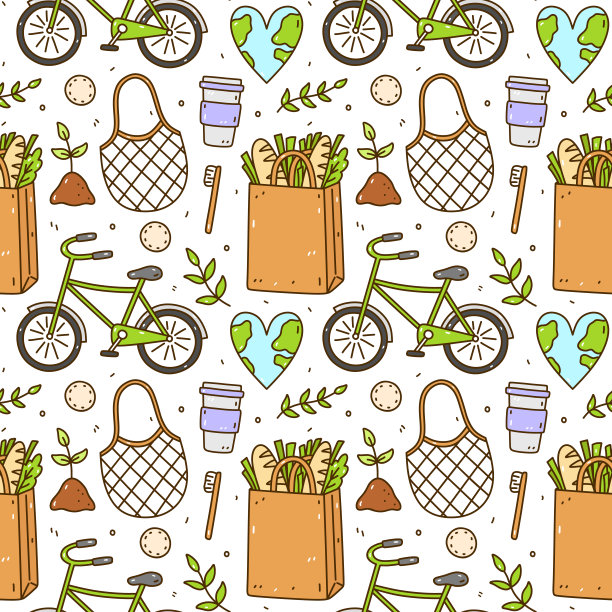 可爱的无缝图案与回收和可重复使用的产品-网袋，棉垫，竹牙刷。自行车和心形地球。零浪费，绿色环保，无塑料。图片下载