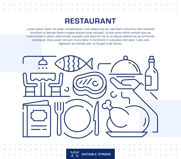 餐厅标题，网页横幅模板。可编辑的细线插图图片下载