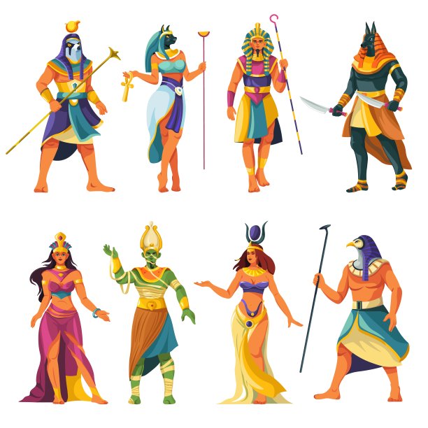 卡通埃及诸神。埃及宗教尼罗神与女神的历史人物，古法老雕像阿努比斯奥西里斯西斯荷鲁斯拉哈托尔人物最近向量图片下载