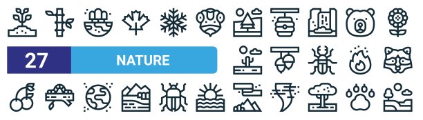 一套27个轮廓网络自然图标，如植物，竹子，地球，蜂巢，橡子，蠕虫，北极光，景观矢量细线图标的网页设计，移动应用程序。图片下载