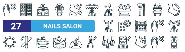 一套27个轮廓网络美甲沙龙图标，如指甲文件，指甲颜色，指甲艺术，奶油，贴纸，美甲，抛光，乳液矢量细线图标的网页设计，移动应用程序。图片下载