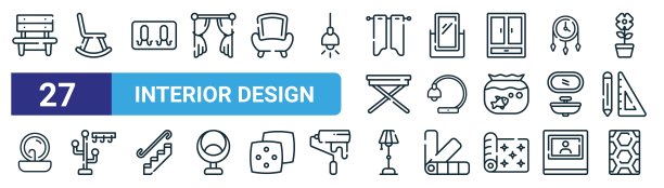 一套27个大纲网页室内设计图标，如长凳，摇椅，机架，镜子，台灯，衣架，落地灯，瓷砖矢量细线图标的网页设计，移动应用程序。图片下载