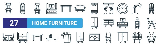 一套27个轮廓网络家居图标，如椅子，梳妆台，椅子，窗帘，抽屉柜，抽屉柜，图片，沙发矢量细线图标的网页设计，移动应用程序。图片下载