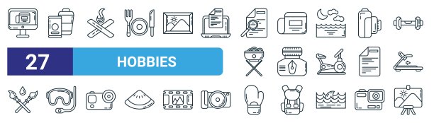 一组27概述web爱好图标，如新闻，饮料，篝火，新闻，墨水瓶，潜水镜，拳击手套，景观矢量细线图标的网页设计，移动应用程序。图片下载