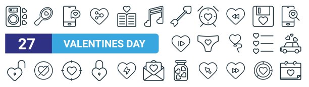 一套27个轮廓网络情人节图标，如扬声器，手镜，爱的信息，闹钟，内衣，没有爱，罐子，情人节矢量细线图标的网页设计，移动应用程序。图片下载
